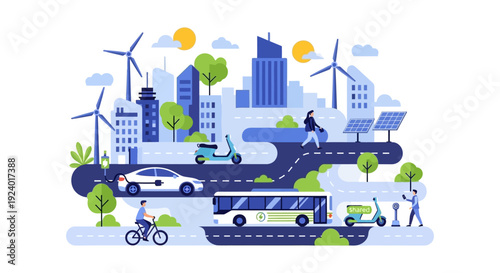 Sustainable Smart City: Eco-Friendly Transportation, Renewable Energy, and Modern Urban Living Illustration