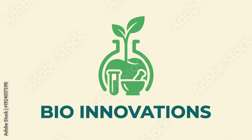 An innovative logo combining nature and science in a flask design, symbolizing eco-friendly solutions and advancements in biotechnology for a healthier planet.
