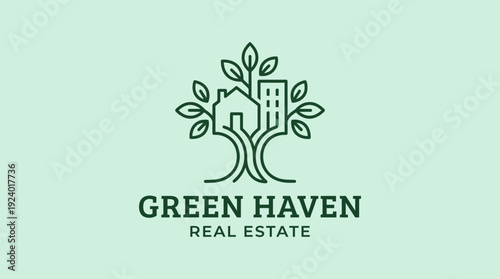 This logo for Green Haven illustrates a blend of nature and urban living, symbolizing eco-friendly real estate solutions that foster sustainable development and community.