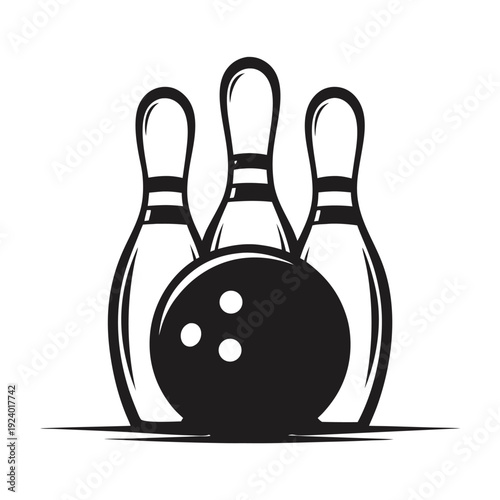 shows bowling pins and bowling ball in black and white minimalistic fashion