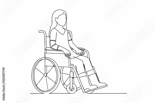 Line drawing of a woman with a leg brace in a wheelchair