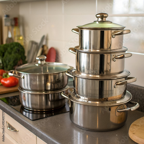 Stainless steel cooking pots are neatly stacked on a countertop, showcasing a tidy kitchen space designed for efficient meal preparation and cooking activities, Stacked stainless steel cookware 
