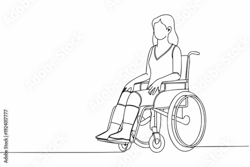 Line drawing of a woman with leg braces sitting in a wheelchair