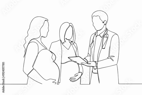 Line art illustration of a doctor consulting with two pregnant patients
