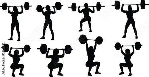 weightlifting silhouettes vector illustration, barbell training artwork, olympic lifting poses design, strength fitness concept, athletic exercise artwork, black white gym illustration
