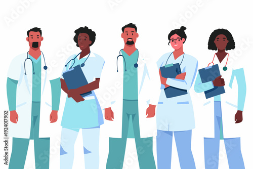 Diverse group of medical professionals standing in a collaborative lineup