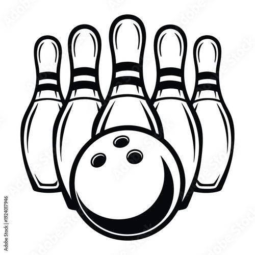 Black and white bowling ball ready to strike five pins arranged neatly