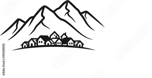 Stylized ink drawing of a village nestled below majestic mountain peaks