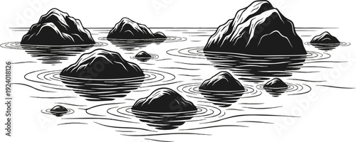 Stylized ink drawing of dark, jagged rocks emerging from rippling water with reflections