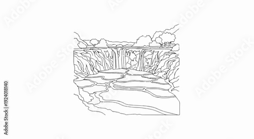 Stylized ink drawing of cascading waterfalls and terraced pools