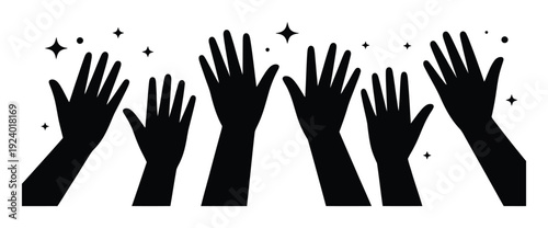Diverse hands raised in celebration with sparkling stars