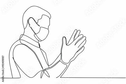 Line drawing of a man wearing a mask and clapping hands