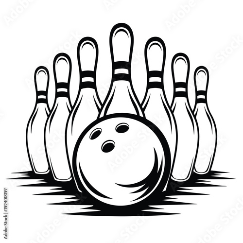 Seven monochrome bowling pins stand ready behind a black bowling ball on the ground