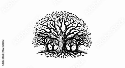 Stylized, intricate tree with many branches and roots on white background