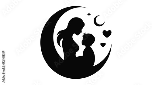 Mother and child silhouettes on crescent moon with hearts and stars symbolizing love and family bonding in a dreamy night sky