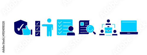 Set of 6 blue business and accounting icons in solid style. Clean corporate vector collection.