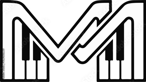 Stylized letter M with integrated piano keys in black and white