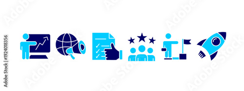 Blue solid accounting and management icon collection. 6 business symbols in vector format.