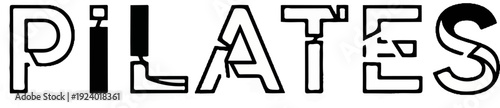 Stylized lettering forms the word "PILATES" with an abstract, geometric design