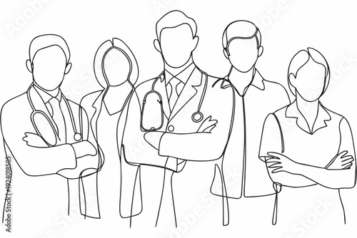 Line drawing of a group of medical professionals standing together