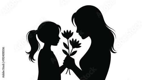Silhouette of mother and daughter sharing flowers symbolizing love and connection