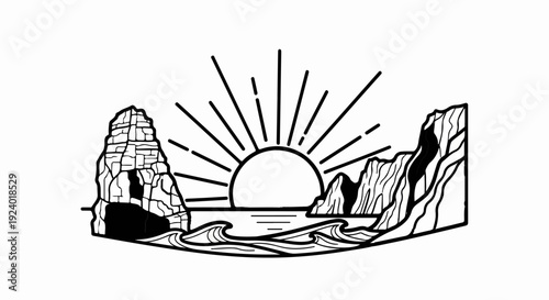 Stylized line art depicts a coastal sunrise with jagged cliffs and waves