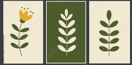 Minimalist illustration of three botanical panels with flowers and leaves on a cream and green background