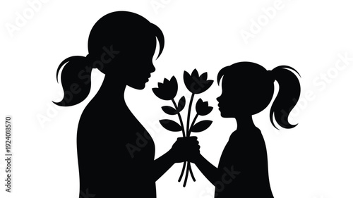 Silhouette of mother and daughter sharing flowers symbolizing love and connection