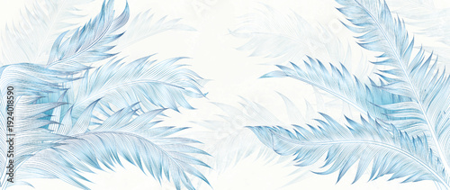 Botanical background with hand-drawn leaves or feathers in a blue line style. A natural banner for decor, prints, textiles, posters, wallpaper, and interior design.