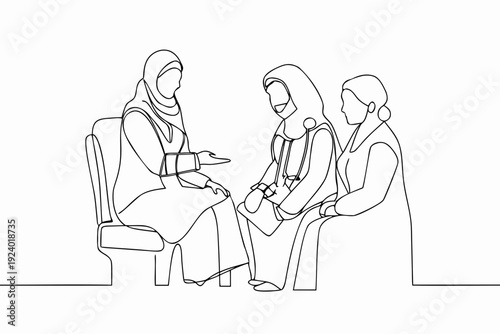 Three women with headscarves engaged in conversation depicted in a single line