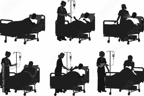 Healthcare workers attending to patients in hospital beds silhouette illustration