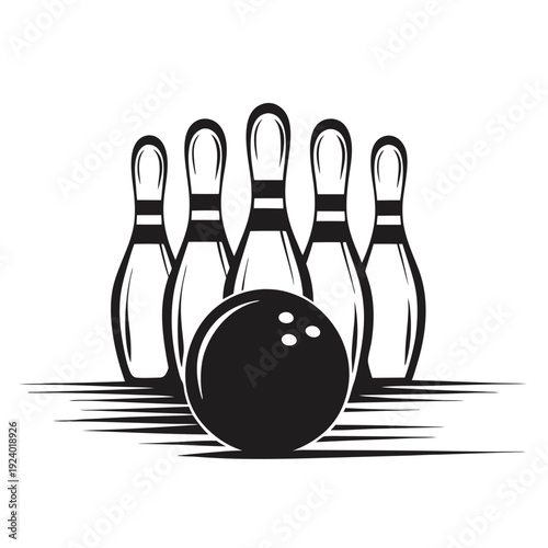 A dark ball strikes pins amidst shining stars, illustrating monochrome bowling action beautifully