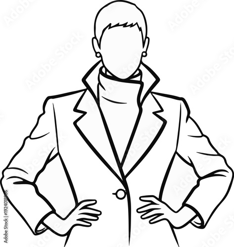 Stylized line art of a person in a blazer, wearing a turtleneck, with hands on hips