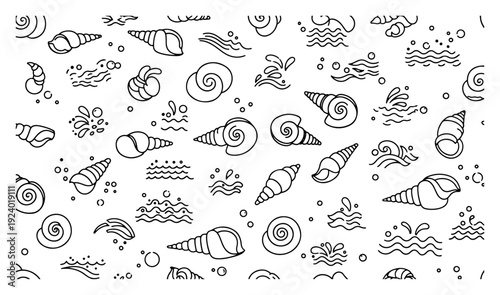 Seamless pattern featuring hand drawn seashells and ocean waves in outline style