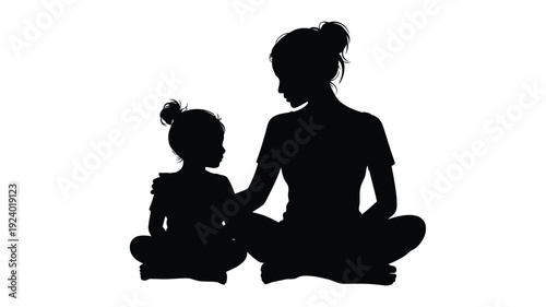 Mother and child sitting in yoga pose silhouettes on white background meditation and mindfulness concept