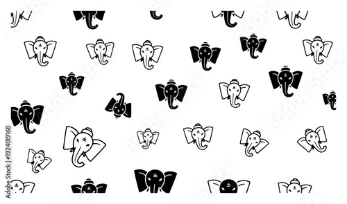 Seamless pattern featuring stylized hindu god ganesha elephant heads in black and white style