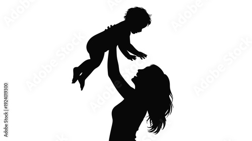 Silhouette of woman playfully lifting baby in air happy motherhood moment black and white illustration