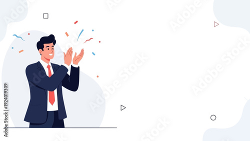 Businessman clapping hands with confetti, celebrating success and achievement