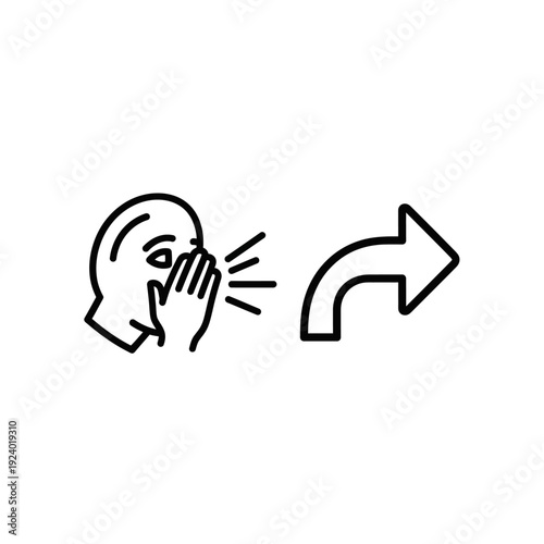 Abstract line art icons: a person whispering secrets to an arrow, symbolizing gossip, information sharing, and rumor spreading.