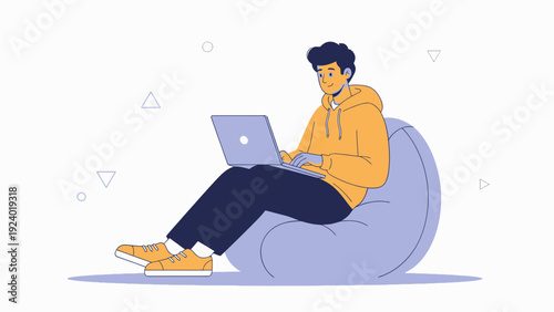 Young man working on laptop while sitting on bean bag chair, modern lifestyle illustration
