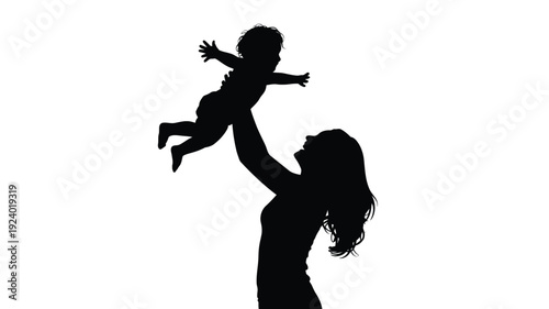 Silhouette of woman playfully lifting baby in air with outstretched arms and joyful expression on plain white background