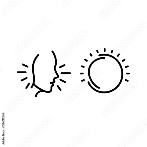 Two simple line art icons: a profile of a person exhaling with radiating lines and a softly glowing sun, representing breath, aura, and gentle light.
