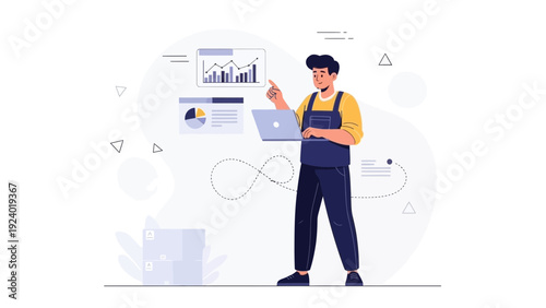 Man analyzing data with laptop and charts, business analytics concept