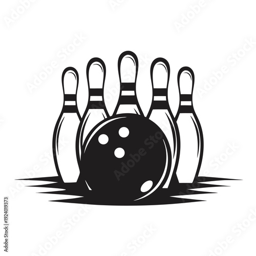 Dark bowling ball strikes three pins amidst bright stars on a white background