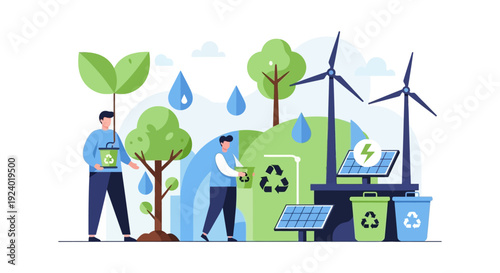 Sustainable Future: People Recycling, Nurturing Nature, and Utilizing Green Energy from Solar Panels & Wind Turbines for a Healthy Planet