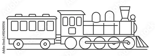 Simple Line of a Classic Steam Train and Passenger Car