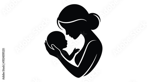 Mother holding newborn baby in loving embrace silhouette illustration symbolizing parenthood and care