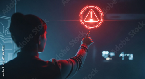 Businessman Interacting with Futuristic Warning Symbol, Cybersecurity and Digital Alert Concept