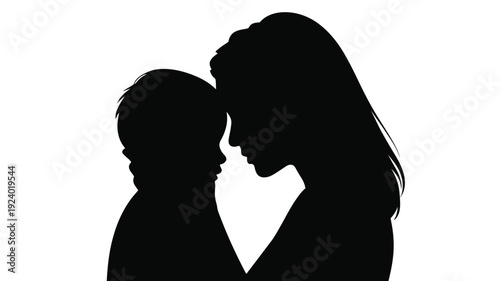 Mother and son silhouettes touching foreheads in love and affection on white background