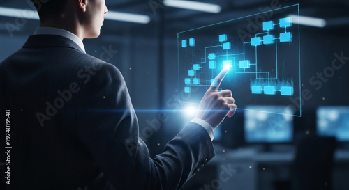 Businessman Interacting with Futuristic Flowchart, Digital Data Management and System Architecture Concept